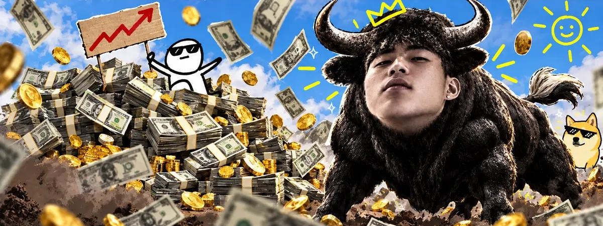 The bull lying on a pile of cash under a blue sky, a stick figure in sunglasses holding an up arrow sign